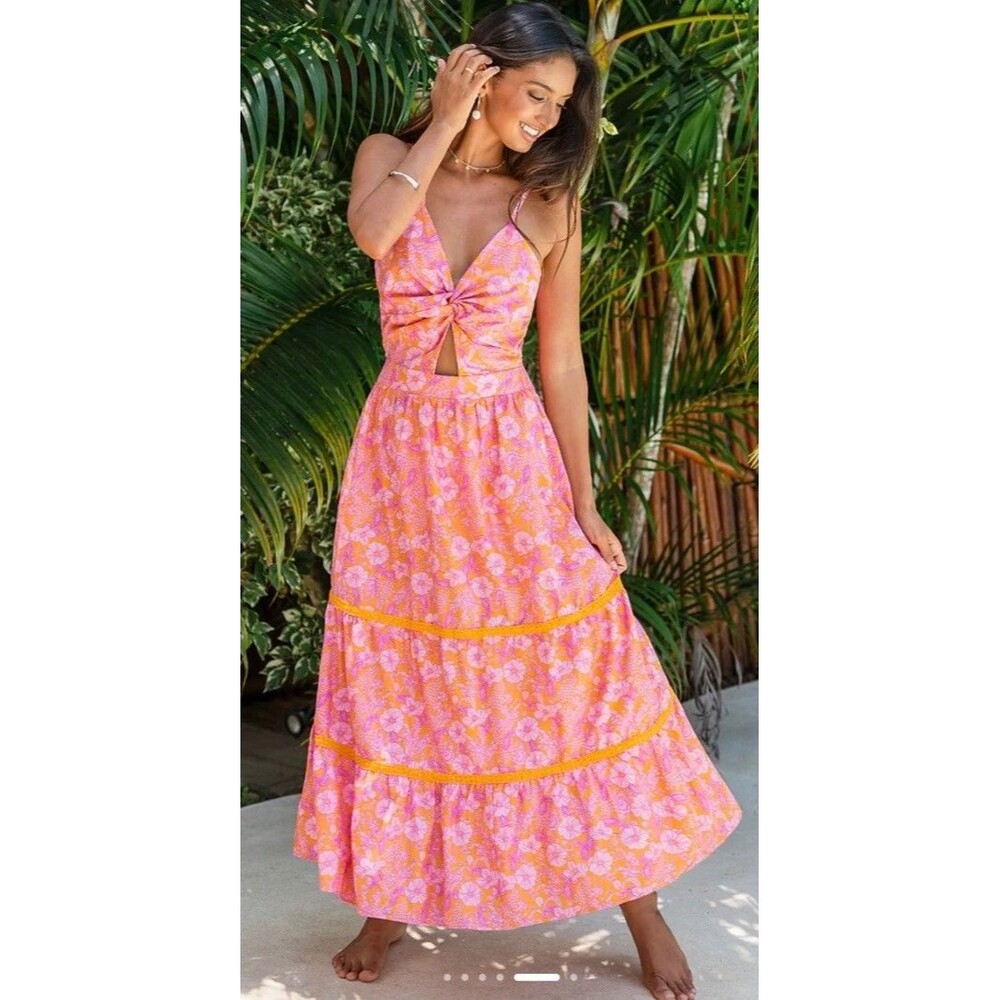 Cupshe Floral Twist Maxi Open Back Dress Women S Pink Orange Sweetheart NWT